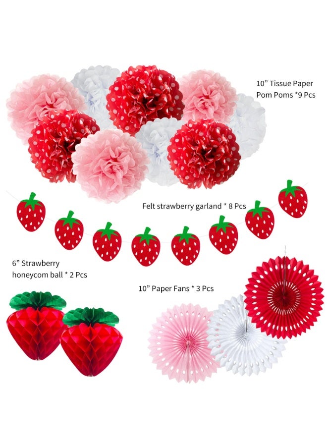 Mordely Strawberry Party Decorations Red Pink White Tissue Pom Poms Fans Honeycom Balls Lanterns Garland Classroom Berry Sweet Fruits 1st One Birthday Bridal Baby Shower Décor Supplies Girls - Image 2